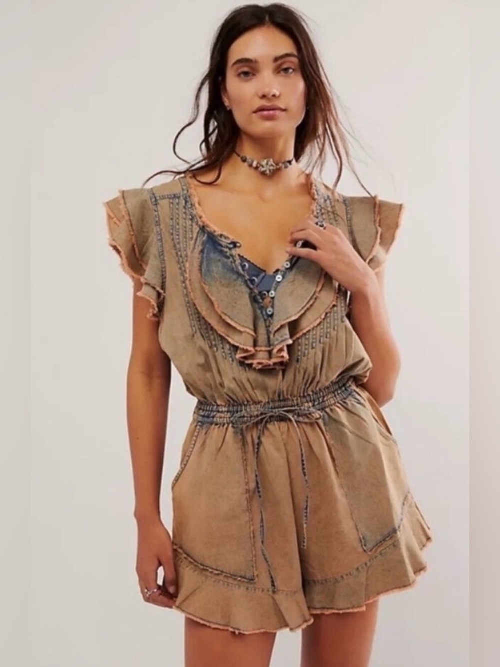 Free People One Naya Chambray Romper Ruffled Denim Romper. Size XL